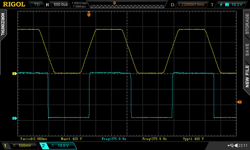 Oscillogram of the photodetector response with a shunt reistor of 1k